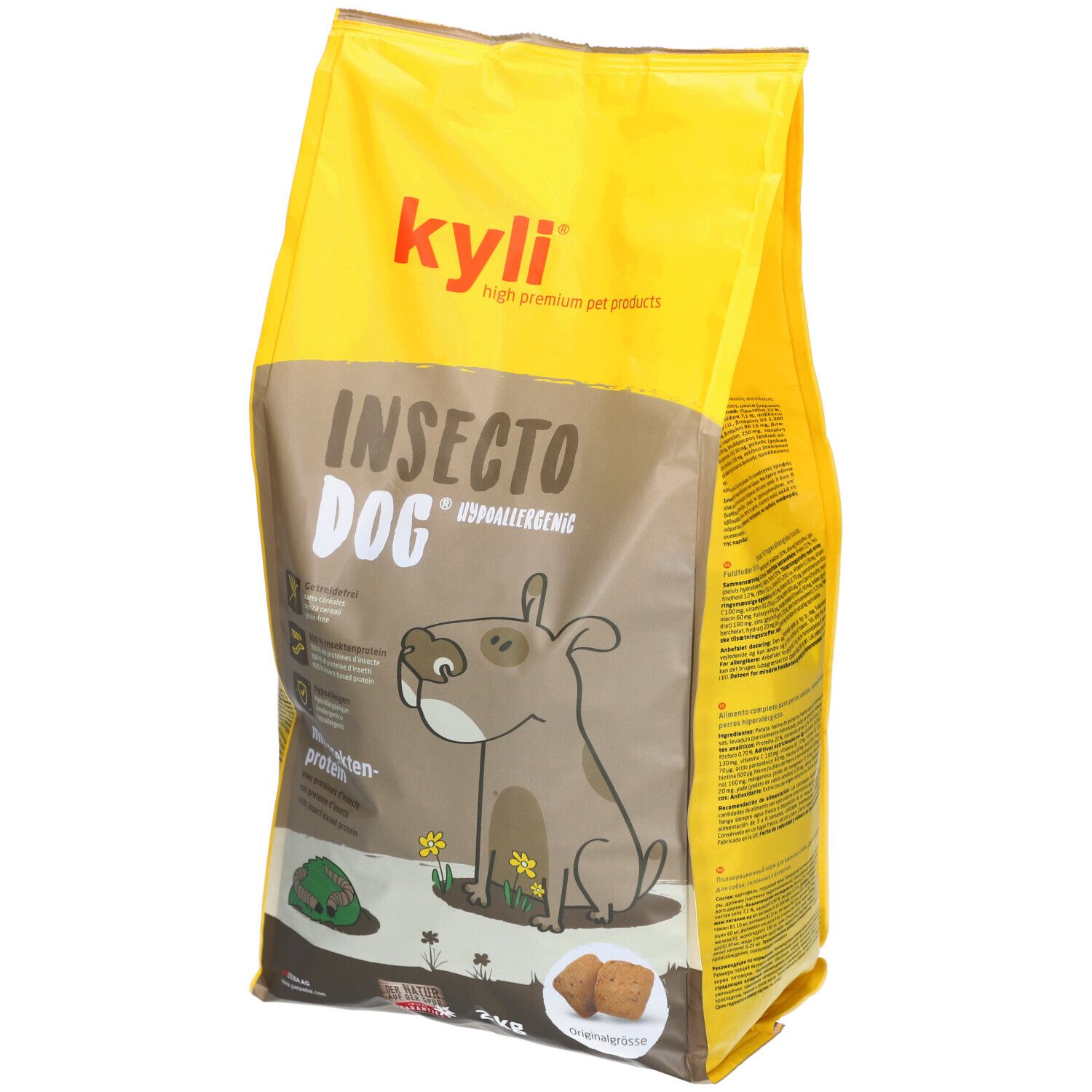 Gelbe Tüte mit Aufdruck. Schriftzug: Insecto Dog, kyli. Abbildung eines Hundes. 2 kg.