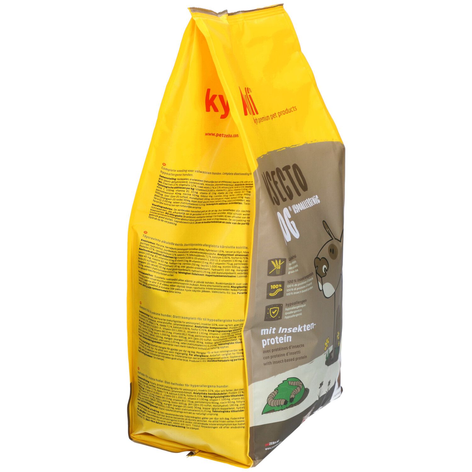 Gelbe Tüte, Seitenansicht. Schriftzug: Insecto Dog. Abbildung eines Hundes. Text.