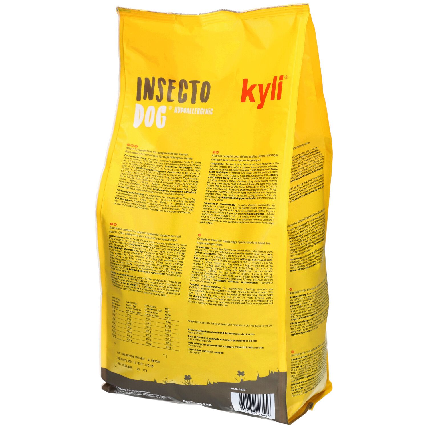 Gelbe Tüte, Rückseite. Schriftzug: Insecto Dog. Text mit Nährwertangaben.