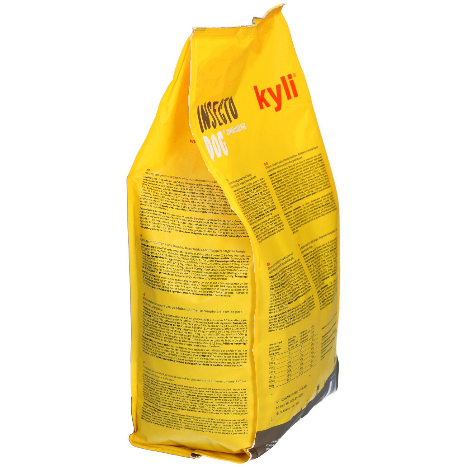 Gelbe Tüte, Seitenansicht. Schriftzug: Insecto Dog. Text mit Nährwertangaben.