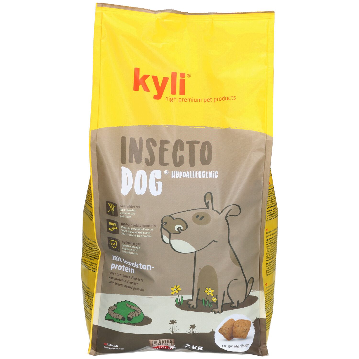 Gelbe Tüte mit Aufdruck. Schriftzug: Insecto Dog, kyli. Abbildung eines Hundes. 2 kg.