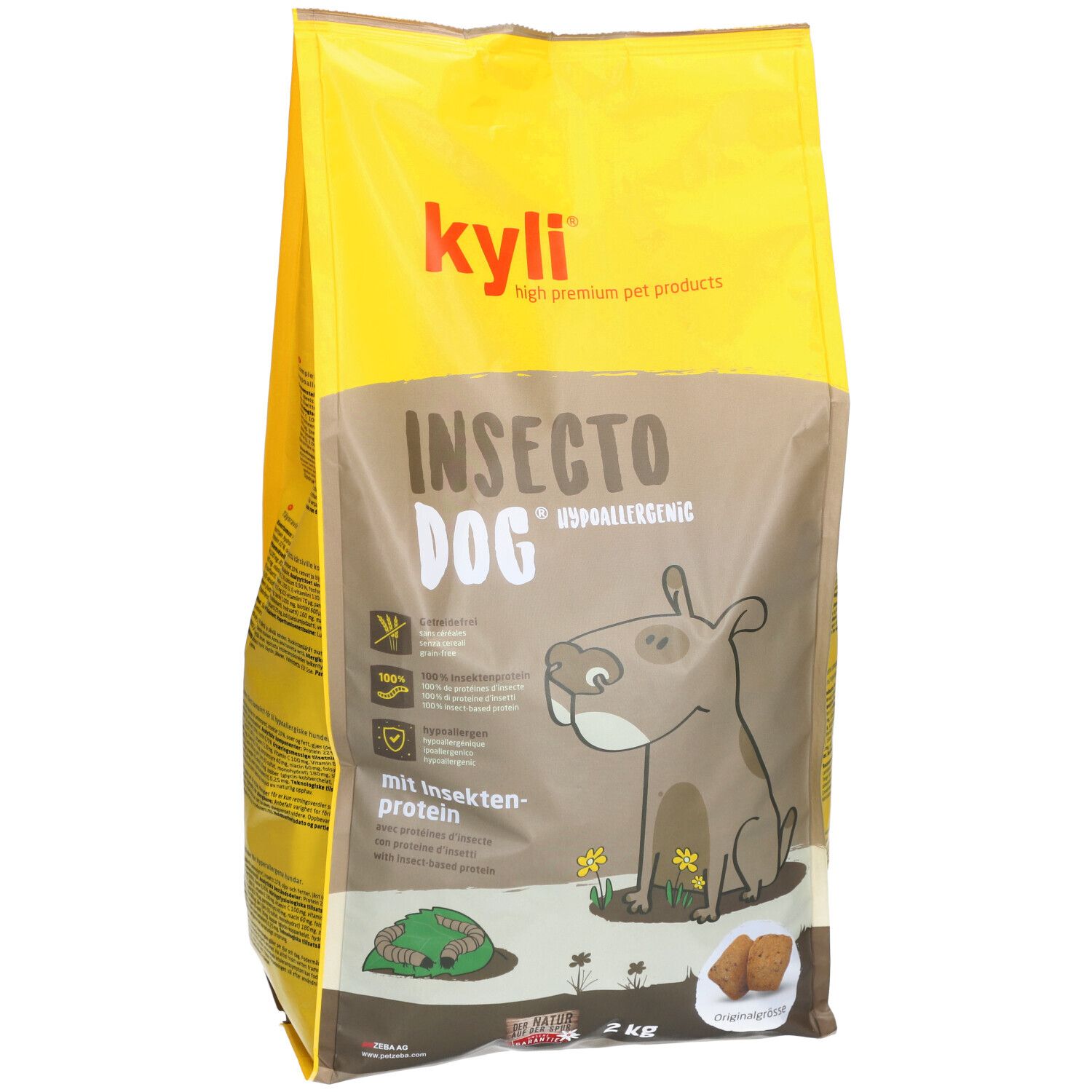 Gelbe Tüte mit Aufdruck. Schriftzug: Insecto Dog, kyli. Abbildung eines Hundes. 2 kg.