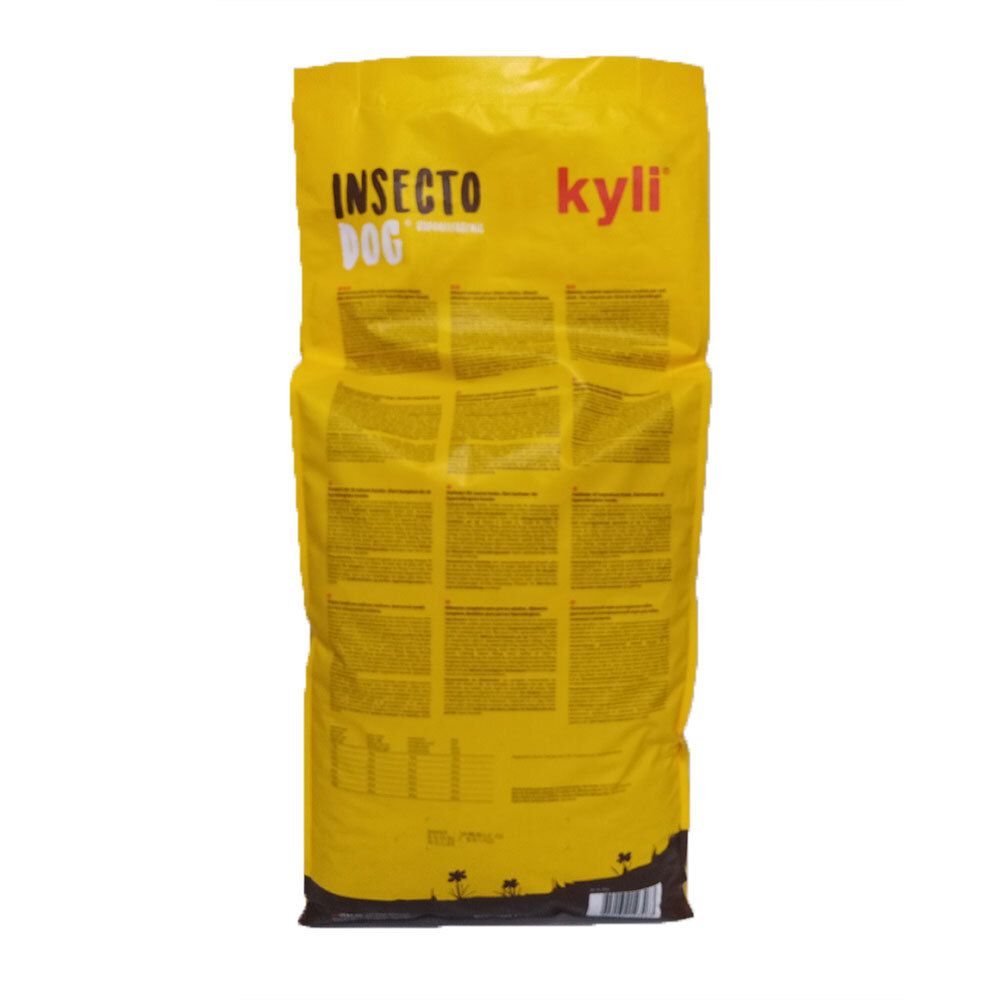 Sac jaune avec texte au dos. Inscription "InsectoDog" et "kyli".