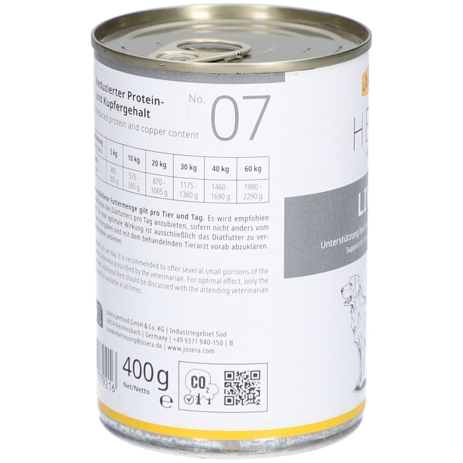 Boîte de nourriture pour chiens, dos. Texte : Teneur réduite en protéines et en cuivre. Recommandations d'alimentation. 400g. Code QR. Label CO2.