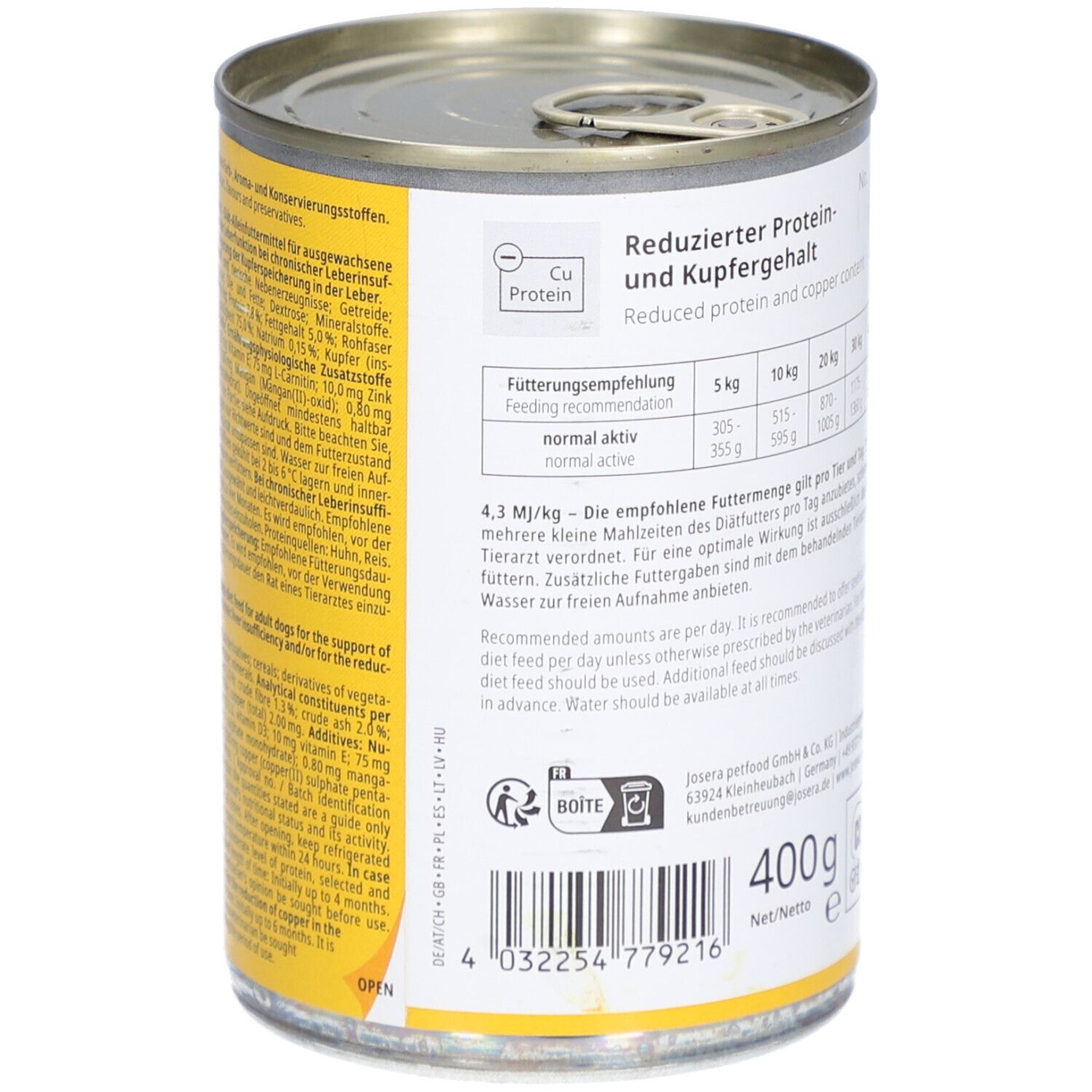 Boîte de nourriture pour chiens, dos. Texte : Teneur réduite en protéines et en cuivre. Recommandations d'alimentation. 400g. Texte et symboles.