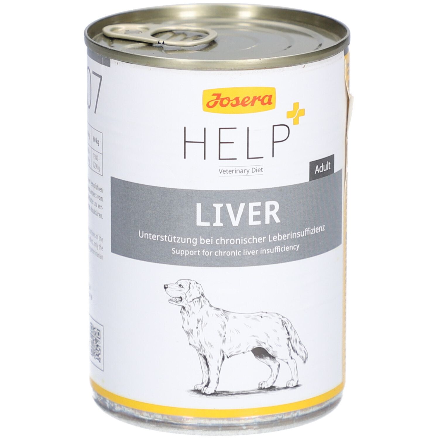 Boîte de nourriture pour chiens avec couvercle. Inscription : Josera HELP LIVER. Illustration d'un chien. Texte : Soutien en cas d'insuffisance hépatique chronique.