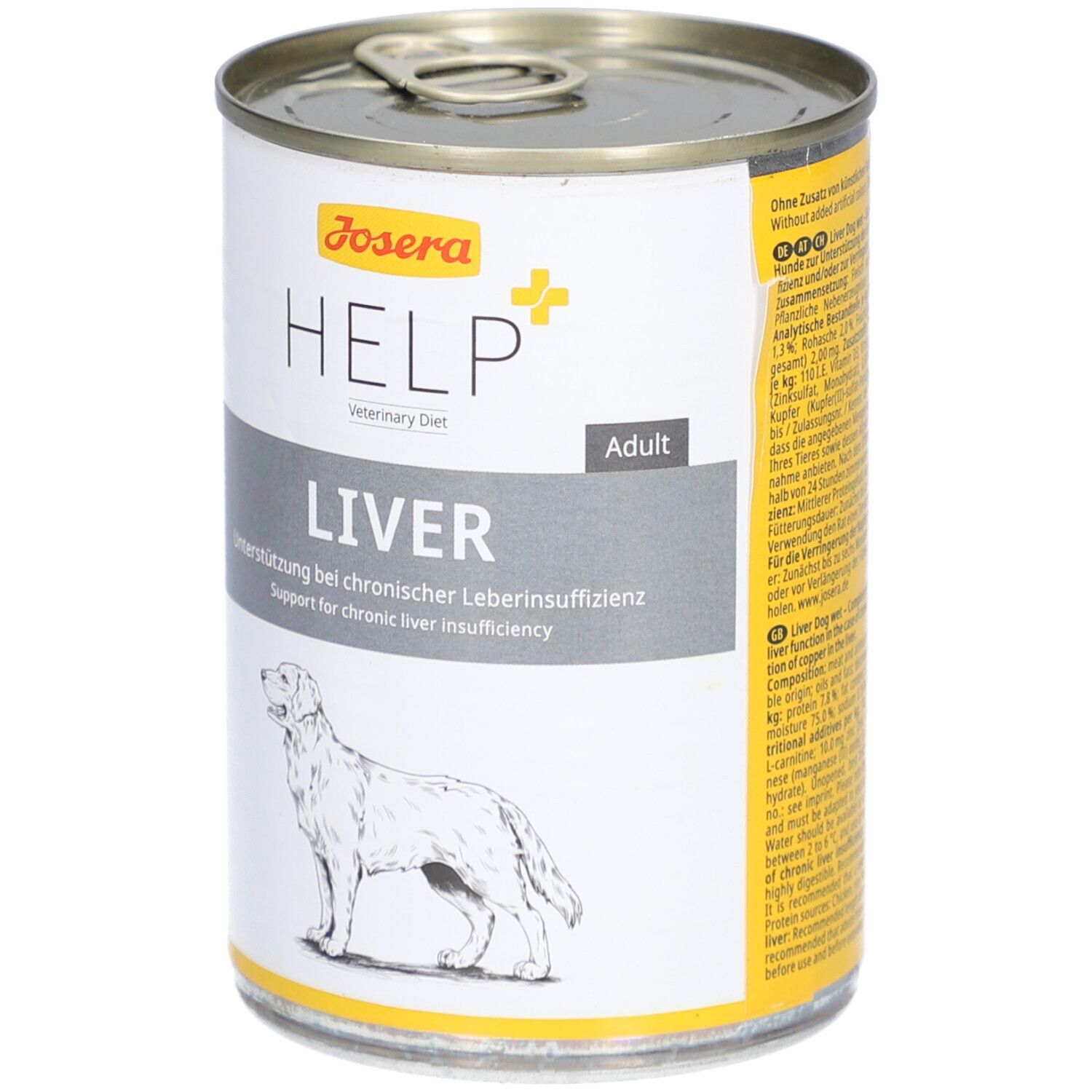 Boîte de nourriture pour chiens avec couvercle. Inscription : Josera HELP LIVER. Illustration d'un chien. Texte : Soutien en cas d'insuffisance hépatique chronique.