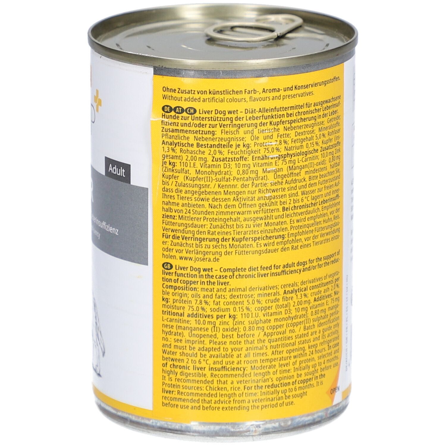 Boîte de nourriture pour chiens, vue détaillée. Texte : Composition, constituants analytiques. Sans colorants, arômes et conservateurs artificiels.