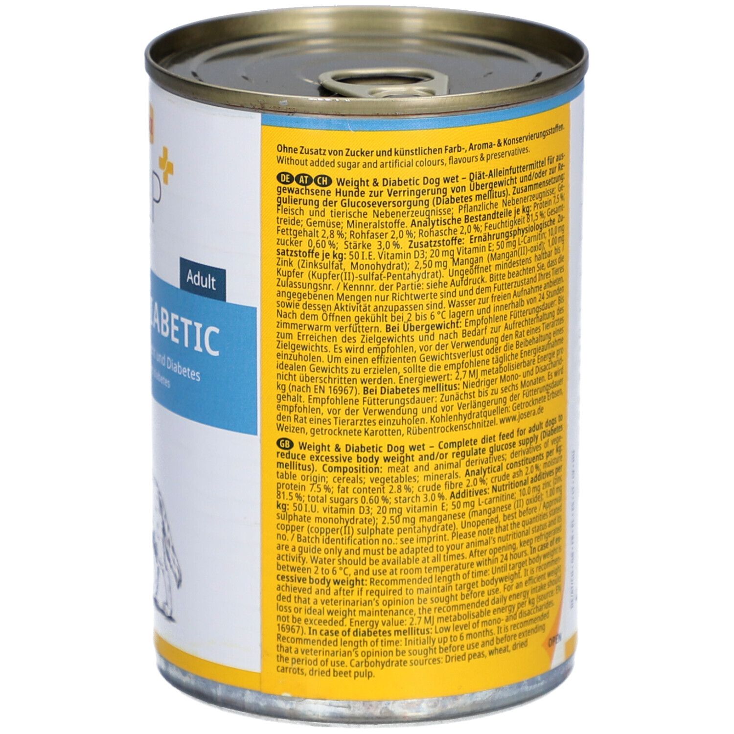 Dose mit Josera HELP Weight & Diabetic Nassfutter. Detailansicht der Rückseite mit Informationen zu Inhaltsstoffen und Analysedaten.