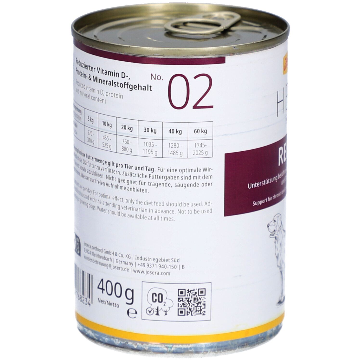 Dos de la boîte de nourriture pour chiens. Contient des informations sur les ingrédients et les recommandations d'alimentation. Poids : 400g. Avec code QR et marquage CO2.