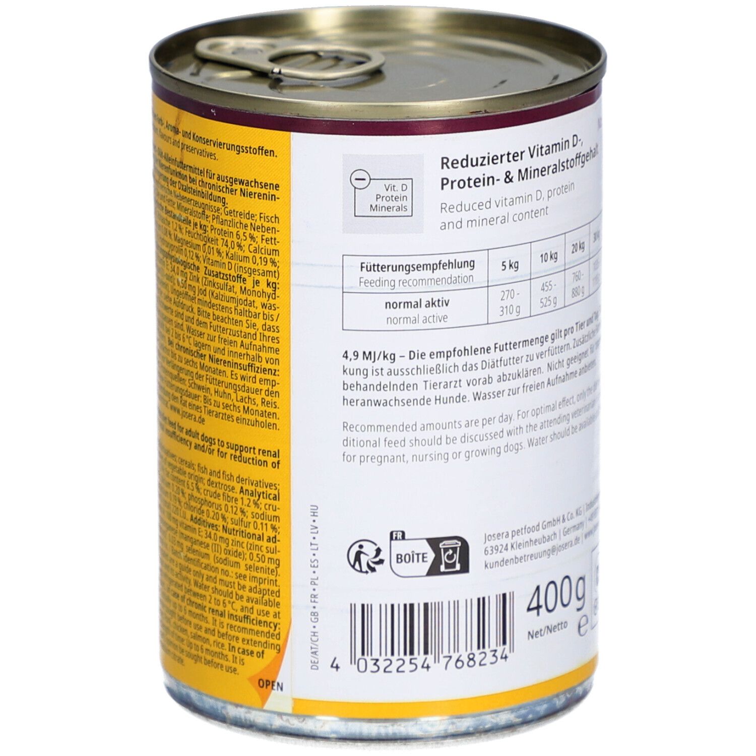 Boîte de nourriture pour chiens, vue détaillée du dos. Contient des informations sur les ingrédients et les recommandations d'alimentation. Poids : 400g.