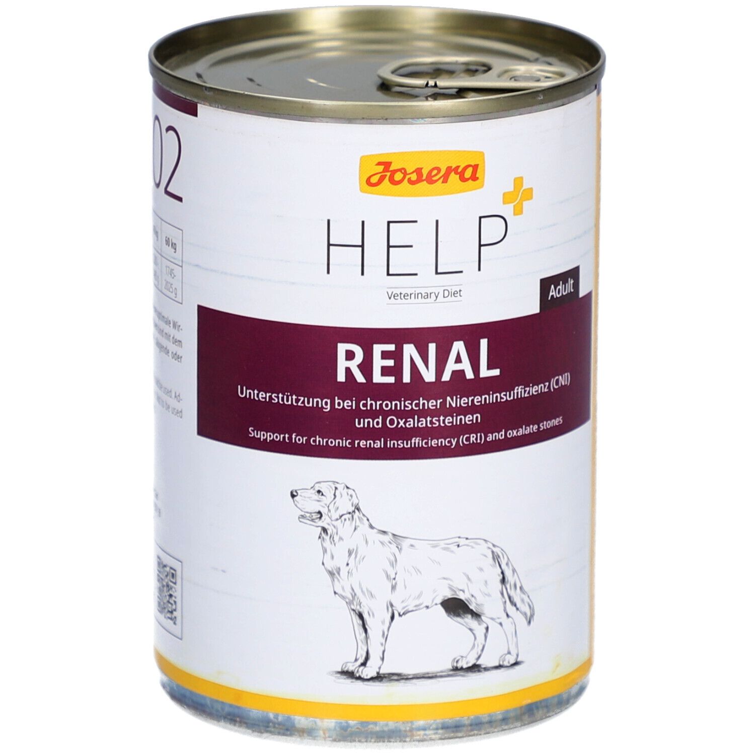 Boîte de nourriture pour chiens Josera HELP Renal. Pour chiens souffrant d'insuffisance rénale chronique et de calculs d'oxalate. Boîte avec couvercle.