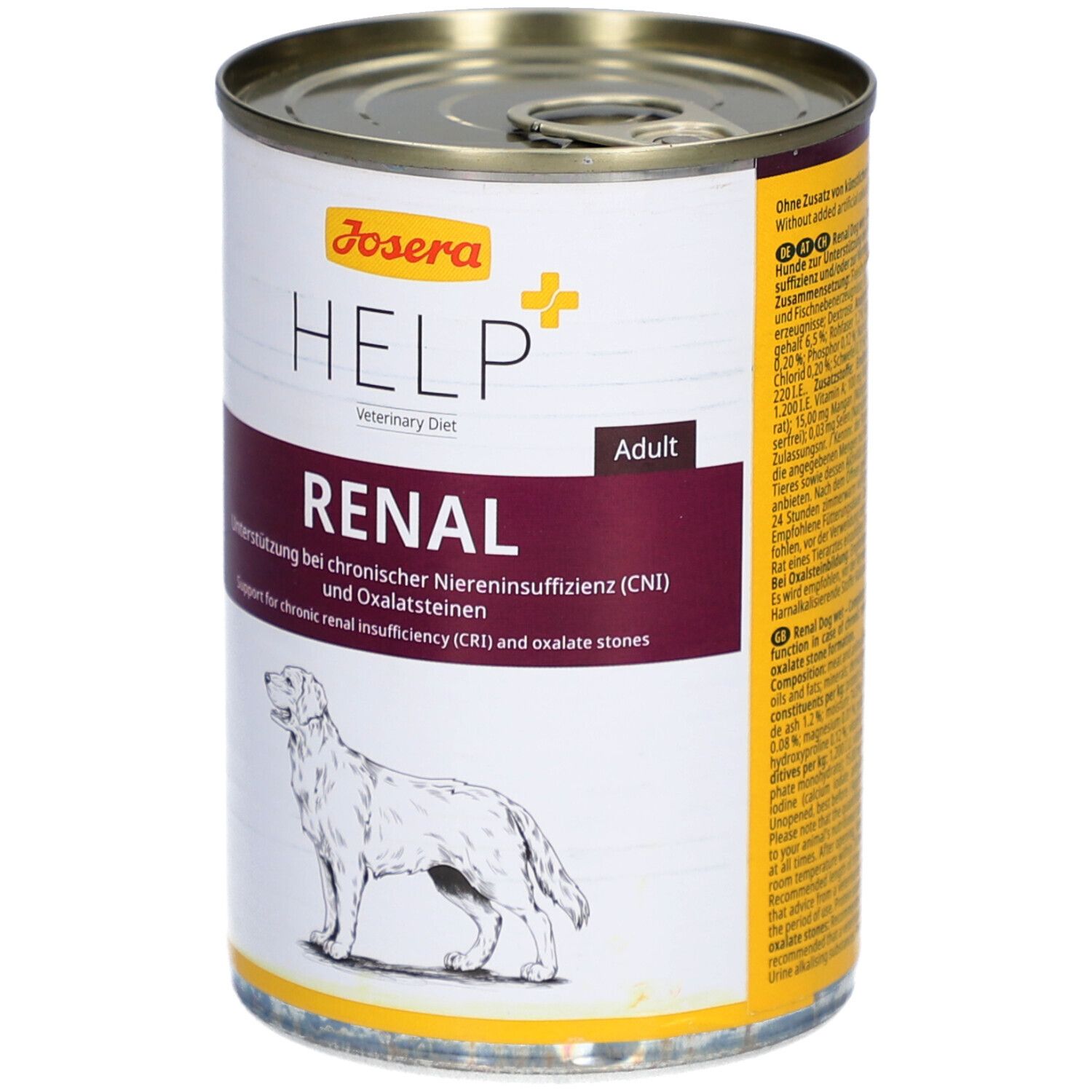 Boîte de nourriture pour chiens Josera HELP Renal. Pour chiens souffrant d'insuffisance rénale chronique et de calculs d'oxalate. Boîte avec couvercle.
