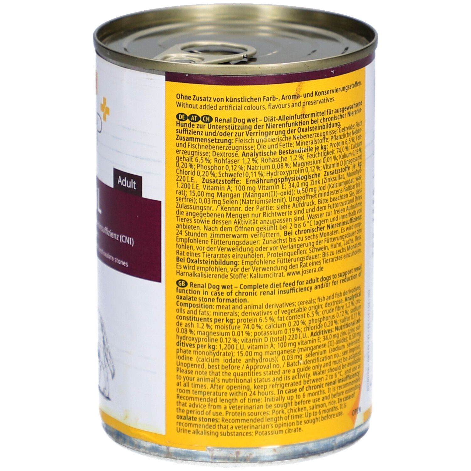 Boîte de nourriture pour chiens, vue détaillée du dos. Contient des informations sur les ingrédients et les recommandations d'alimentation. Poids : 400g.