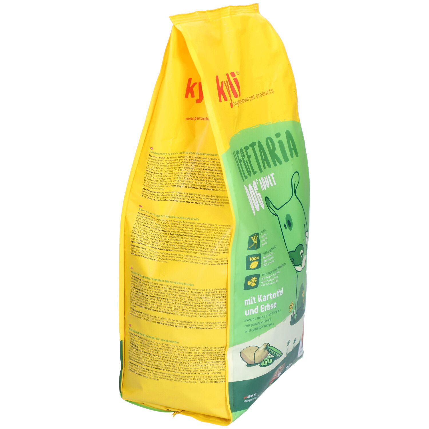 Sac jaune kyli Vegetaria Dog. Vue latérale. Texte au dos. Avec pommes de terre et pois.