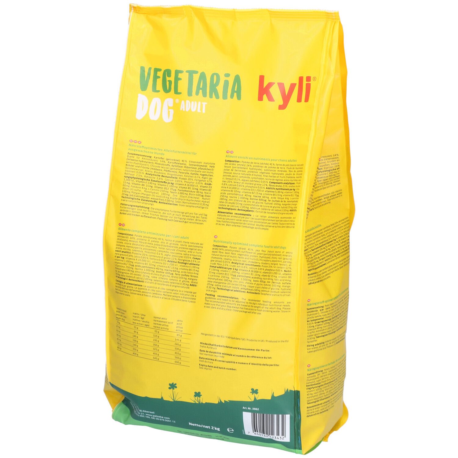 Sac jaune avec texte. Vue arrière. Inscription kyli Vegetaria Dog. Tableau nutritionnel et texte.