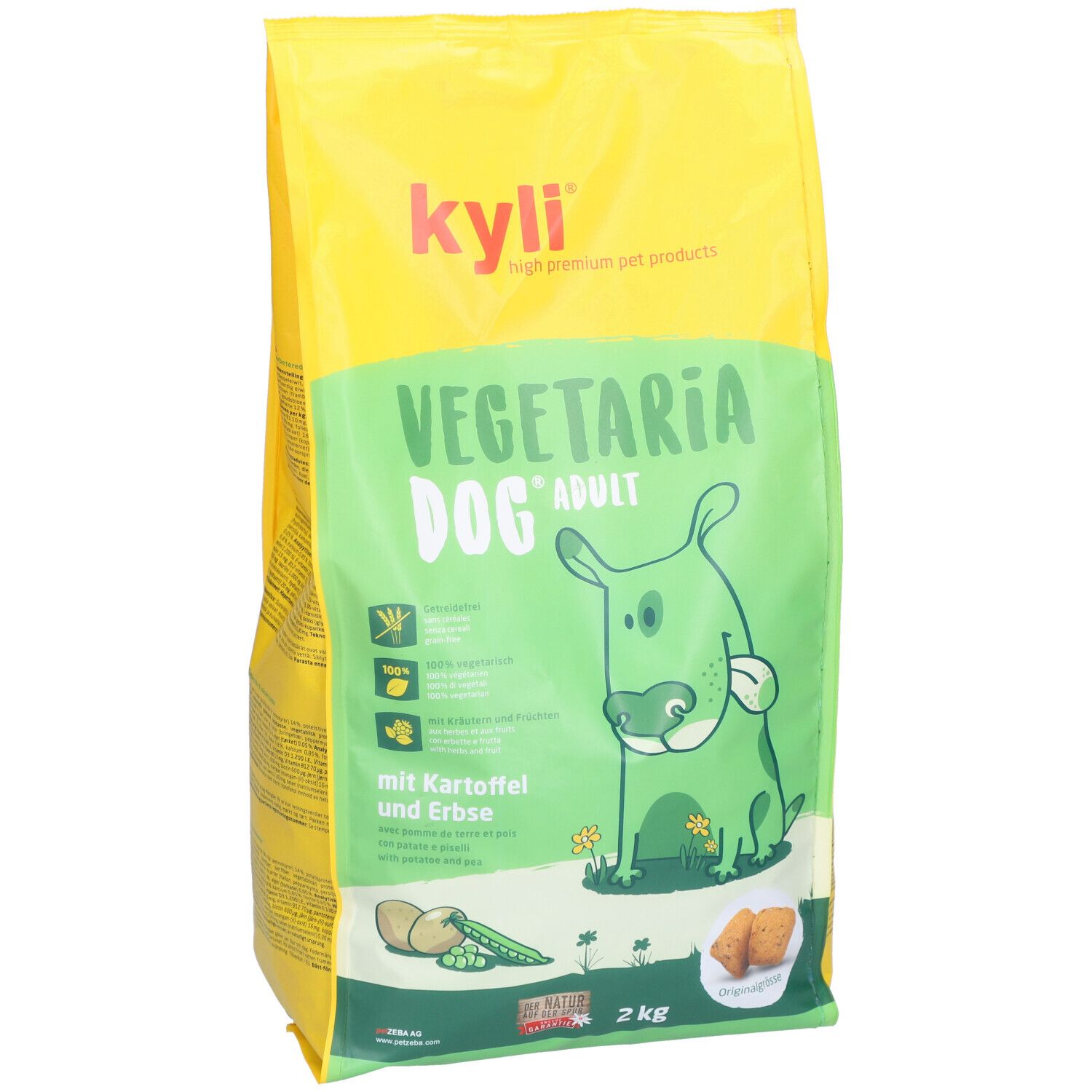 Sac jaune et vert kyli Vegetaria Dog Adult. Illustration de chien. Avec pommes de terre et pois. 2 kg.