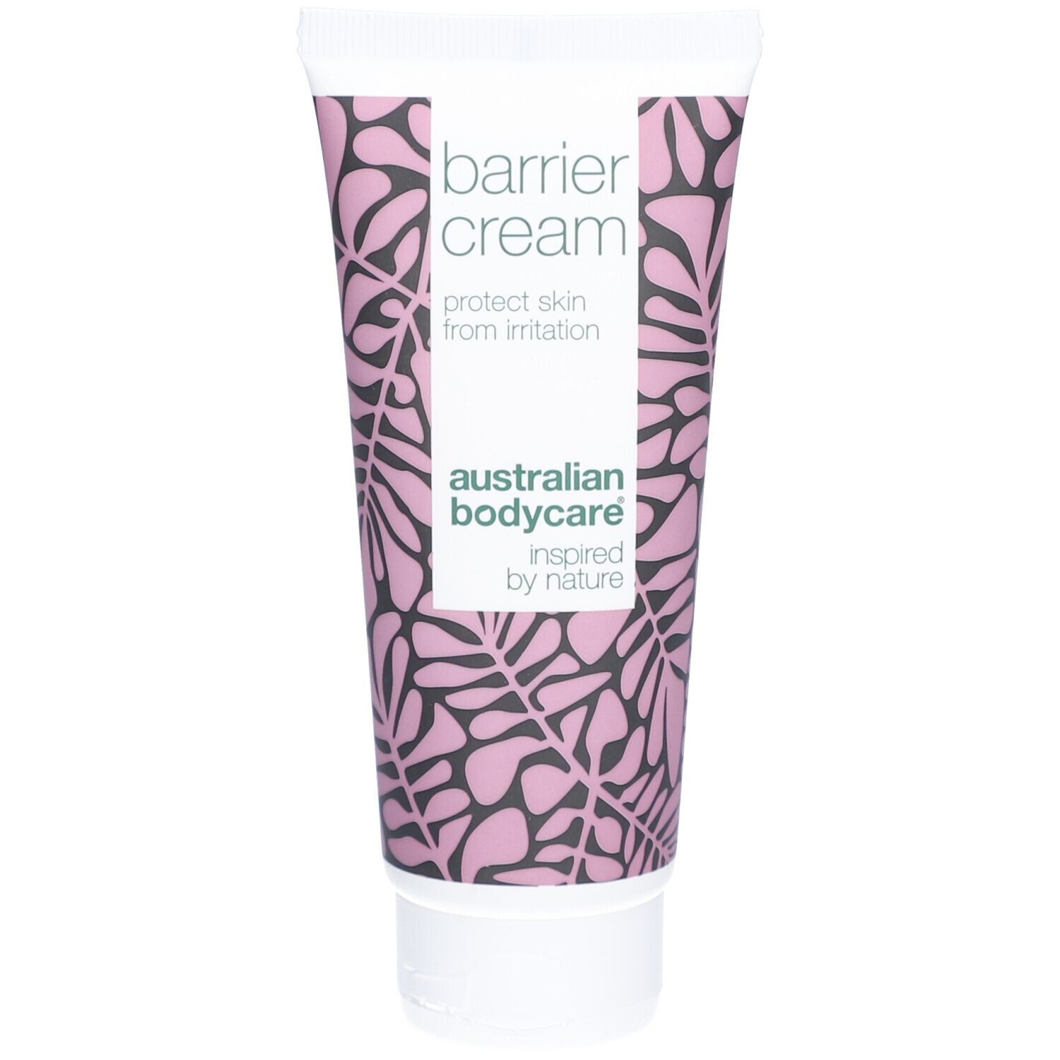 Tube mit Barrier Cream. Weißer Deckel, rosa Muster. Text: Barrier Cream, protect skin from irritation. Australian Bodycare.