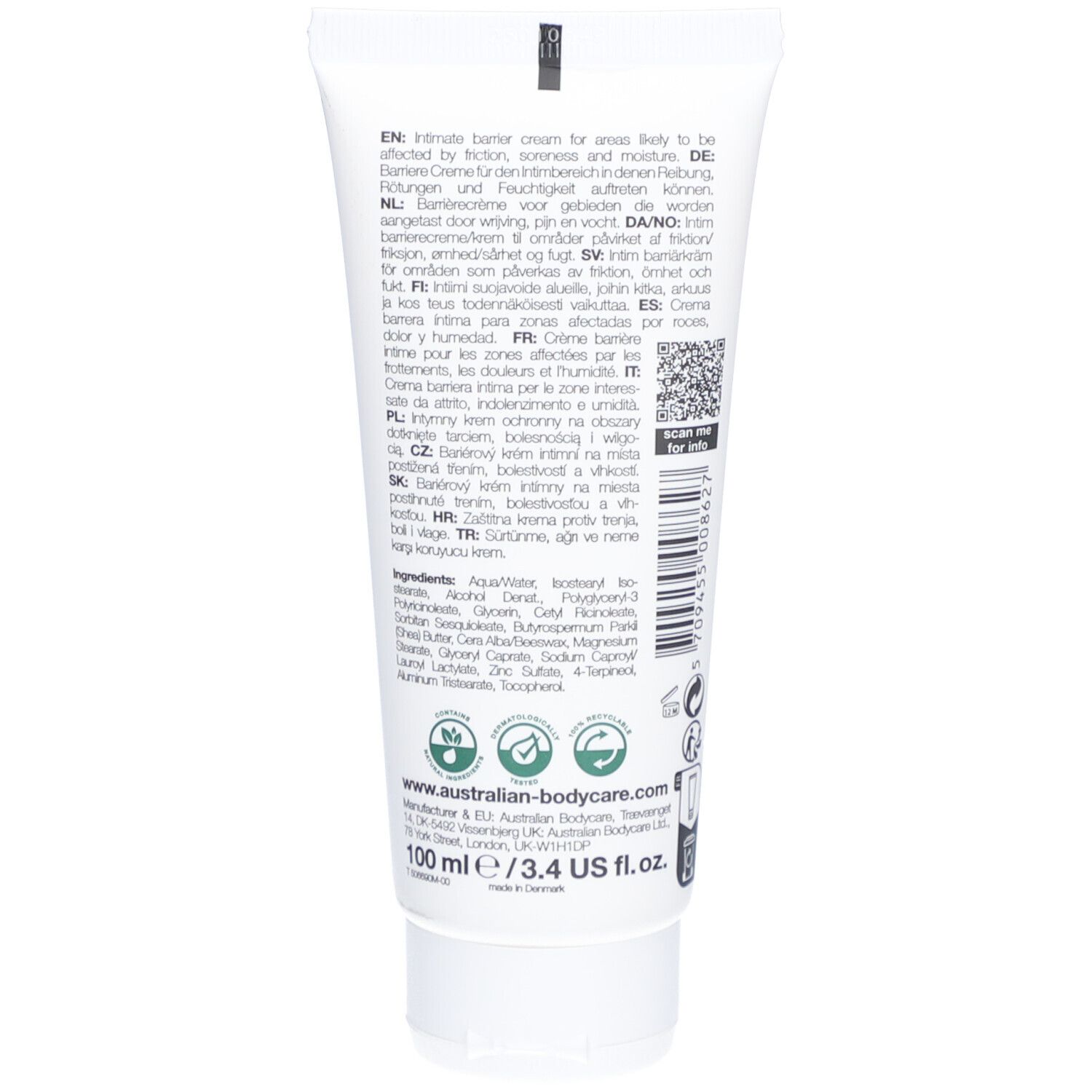 Rückseite der Tube Barrier Cream. Text in mehreren Sprachen. Inhaltsstoffe, Herstellerinformationen. Zertifizierungen.