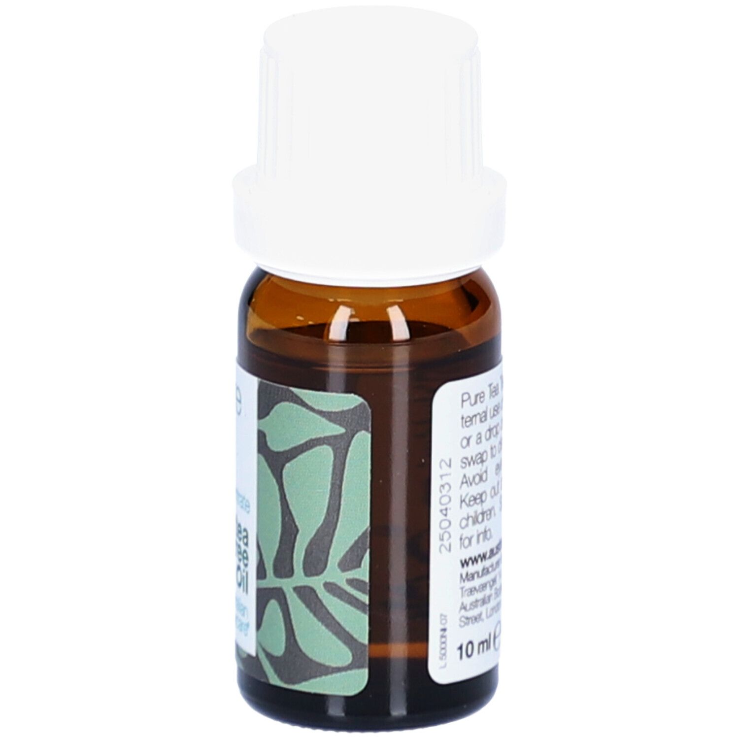 Flacon en verre brun avec bouchon blanc. Étiquette avec motif vert et texte. 10 ml.