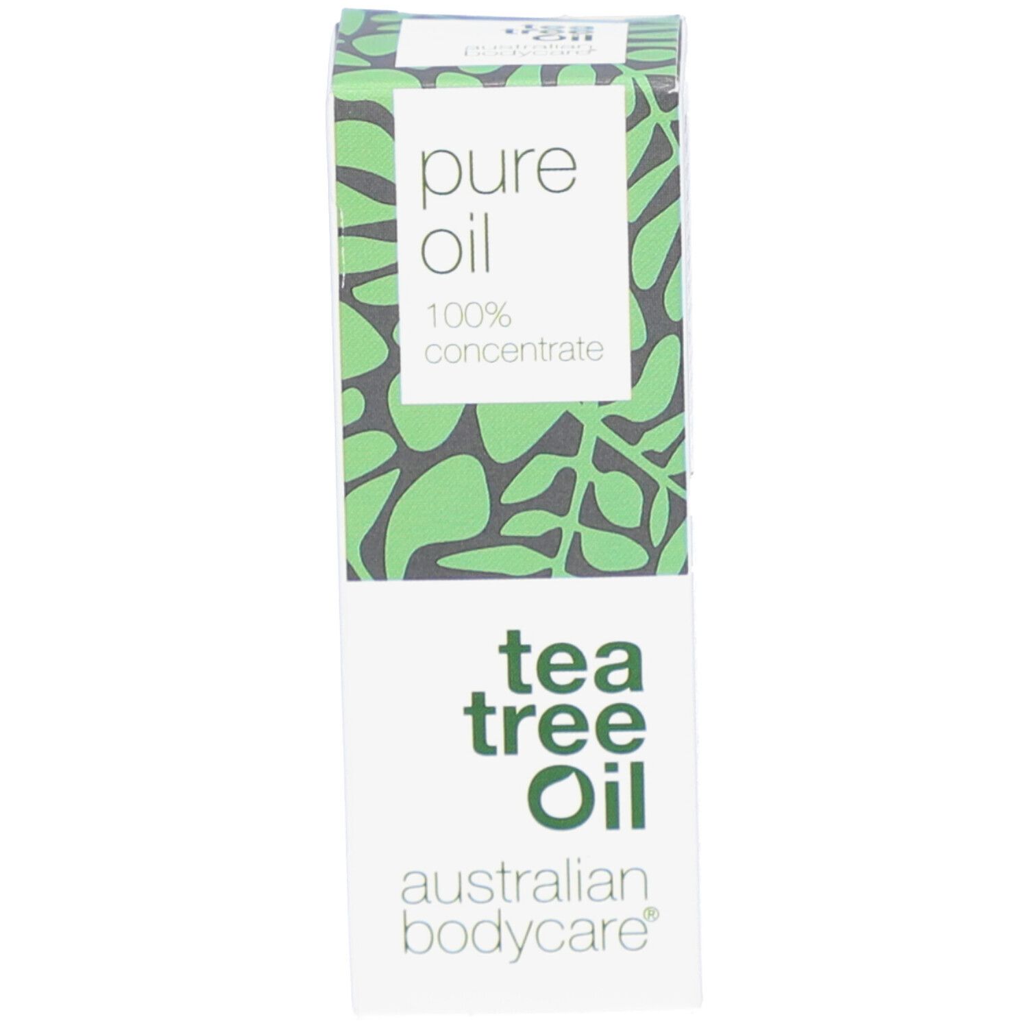 Emballage avec texte et motif vert. Inscription « pure oil 100% concentrate tea tree oil ».