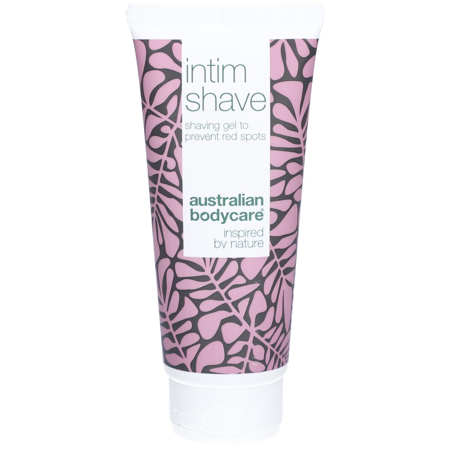 Tube Intim Shave, rosa-weiß. Aufdruck: Intim shave, australian bodycare. Floralmuster.