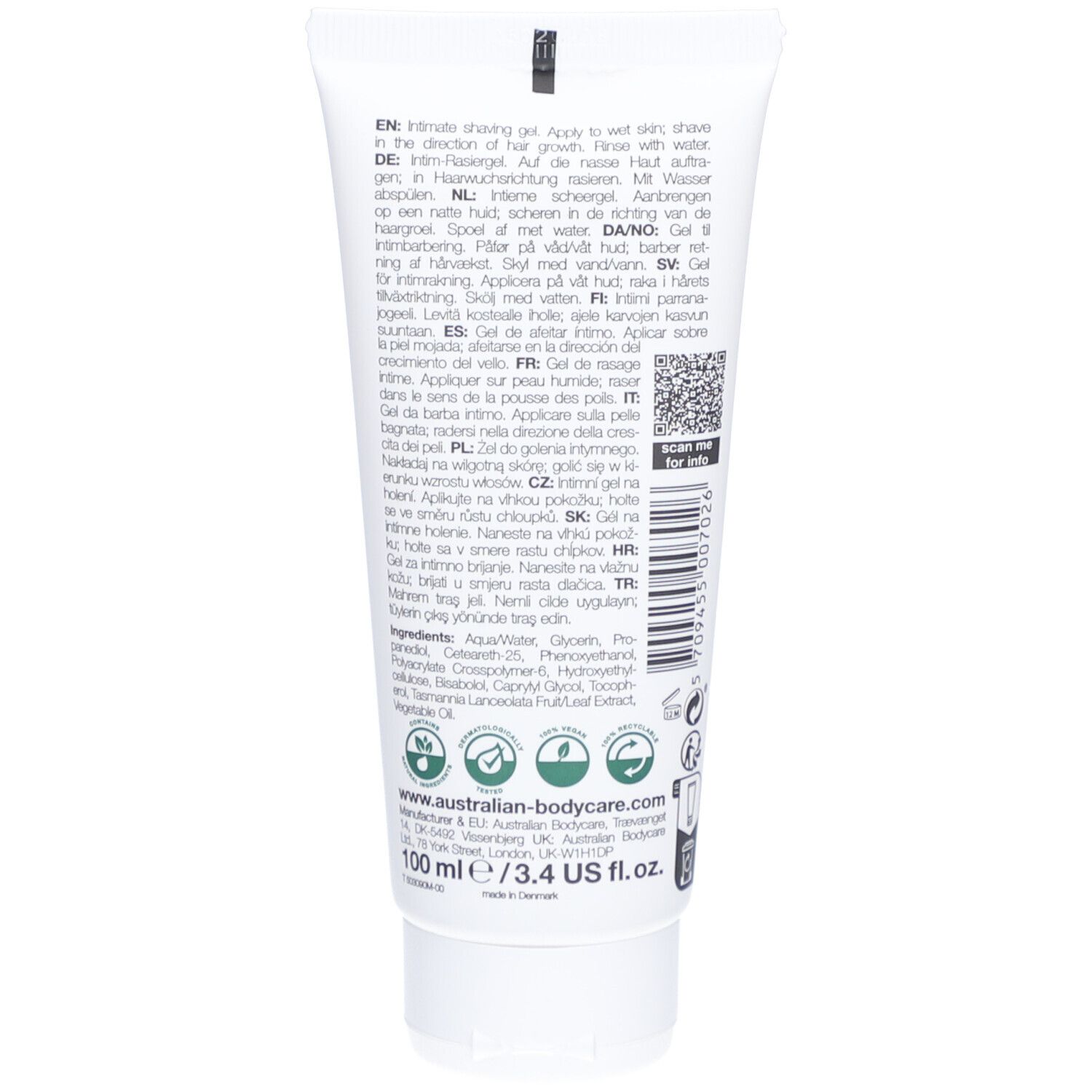 Rückseite Tube Intim Shave. Text in mehreren Sprachen. QR-Code. Inhaltsstoffe. 100 ml.