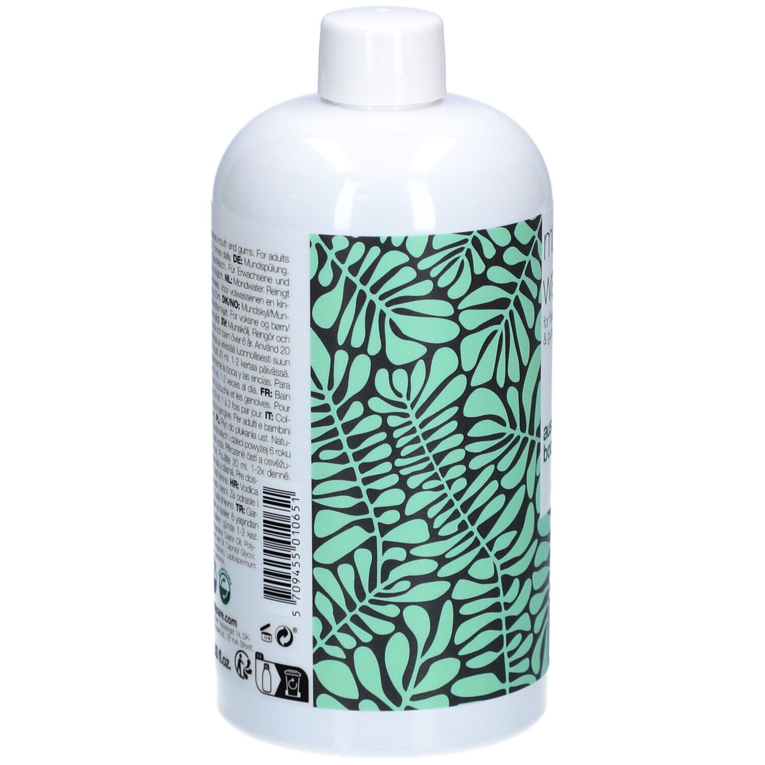 Weiße Flasche mit grünem Blattmuster. Rückseite mit Text in mehreren Sprachen.