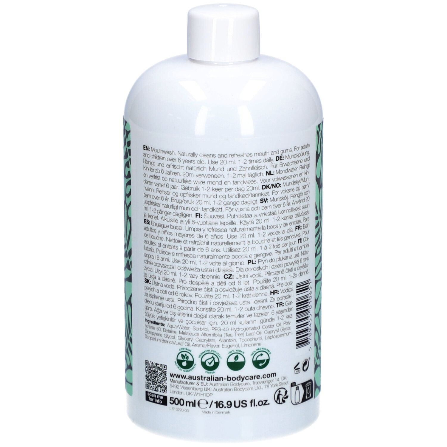 Weiße Flasche mit grünem Blattmuster. Rückseite mit Text in mehreren Sprachen.