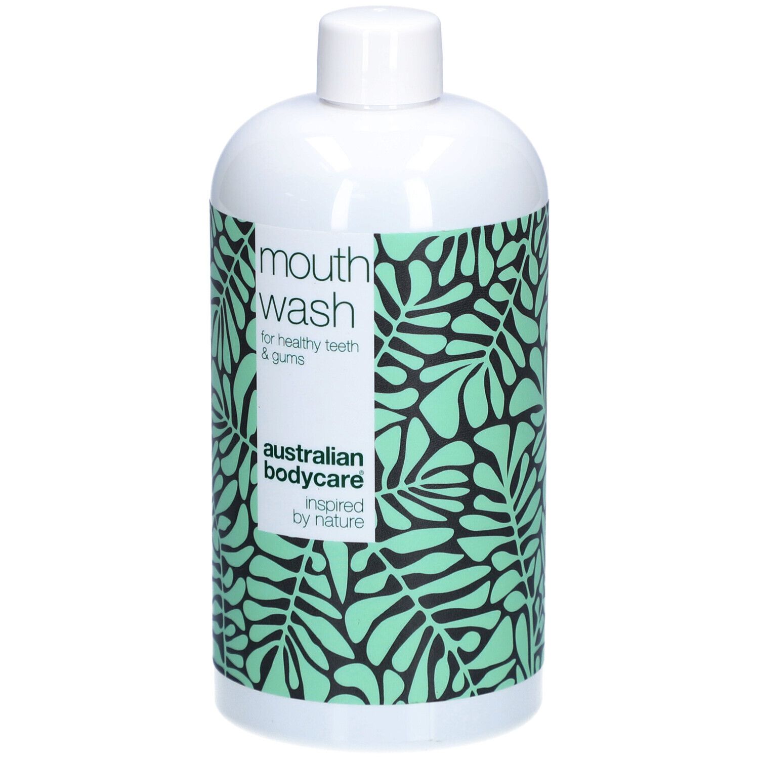 Weiße Flasche mit grünem Blattmuster. Aufschrift: mouth wash, Australian Bodycare.