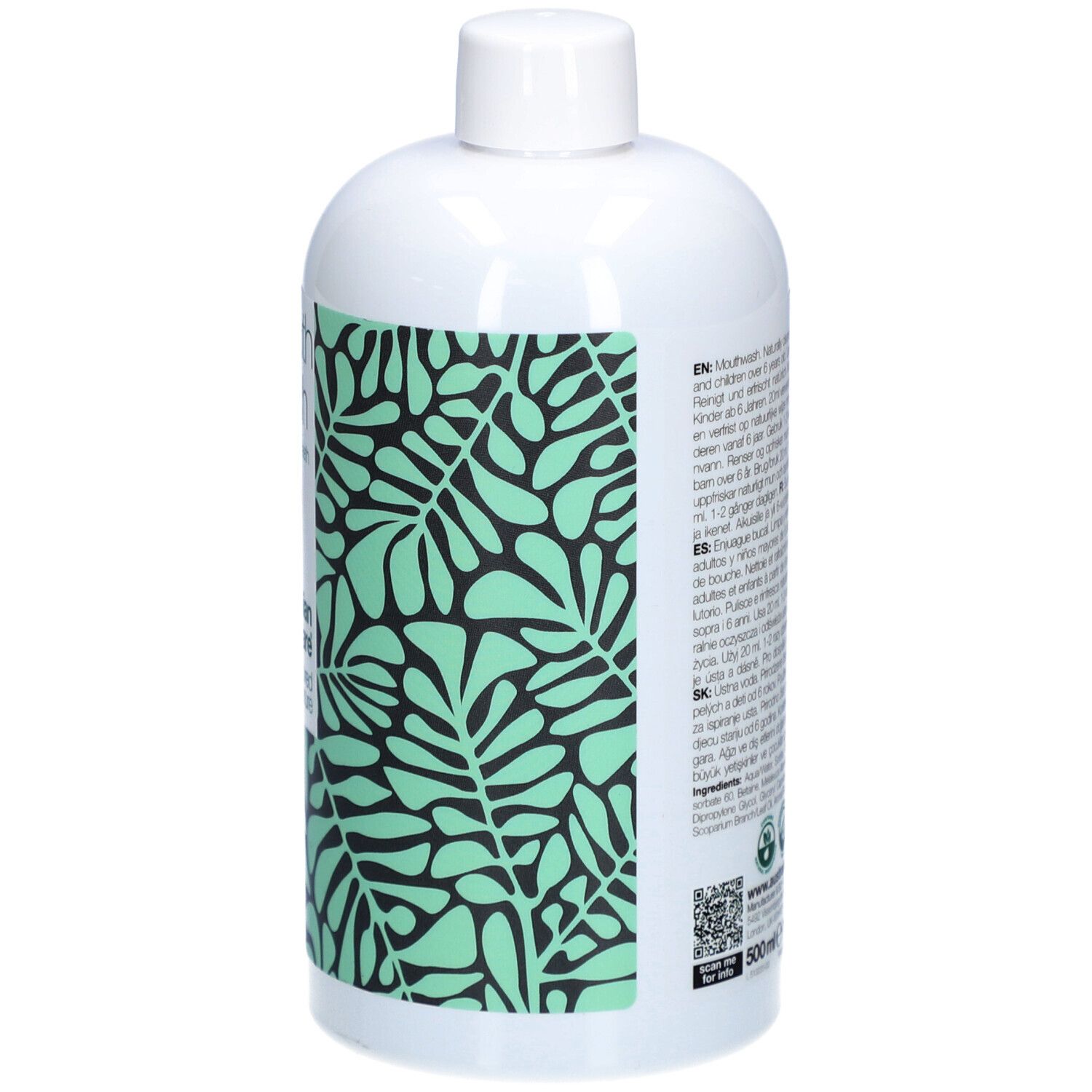 Weiße Flasche mit grünem Blattmuster. Rückseite mit Text in mehreren Sprachen.