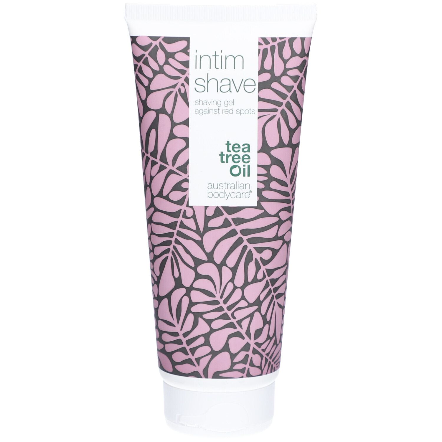 Tube de gel à raser. Motif floral, texte : Intim Shave, Tea Tree Oil, Australian Bodycare.