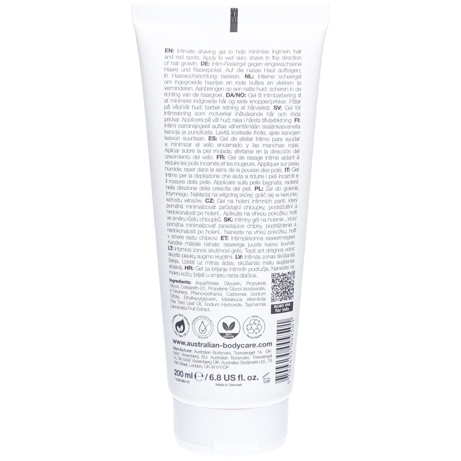 Dos du tube de gel à raser. Texte multilingue, ingrédients, code QR.