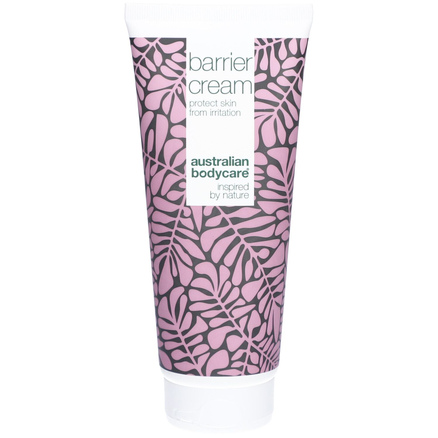 Tube de crème barrière. Tube blanc avec motif floral et informations sur le produit. Marque : Australian Bodycare.