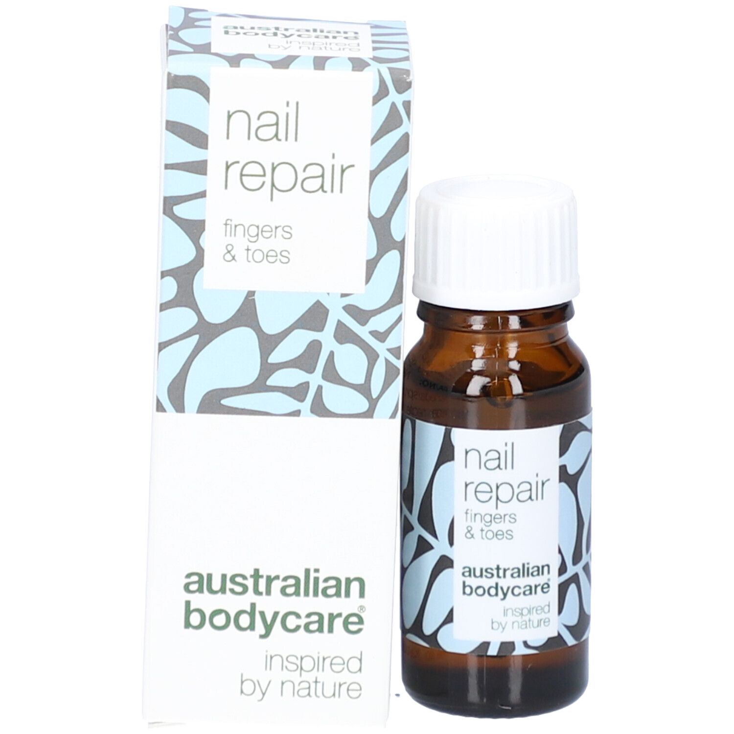 Flacon et boîte. Étiquettes et texte : nail repair, fingers & toes, australian bodycare.