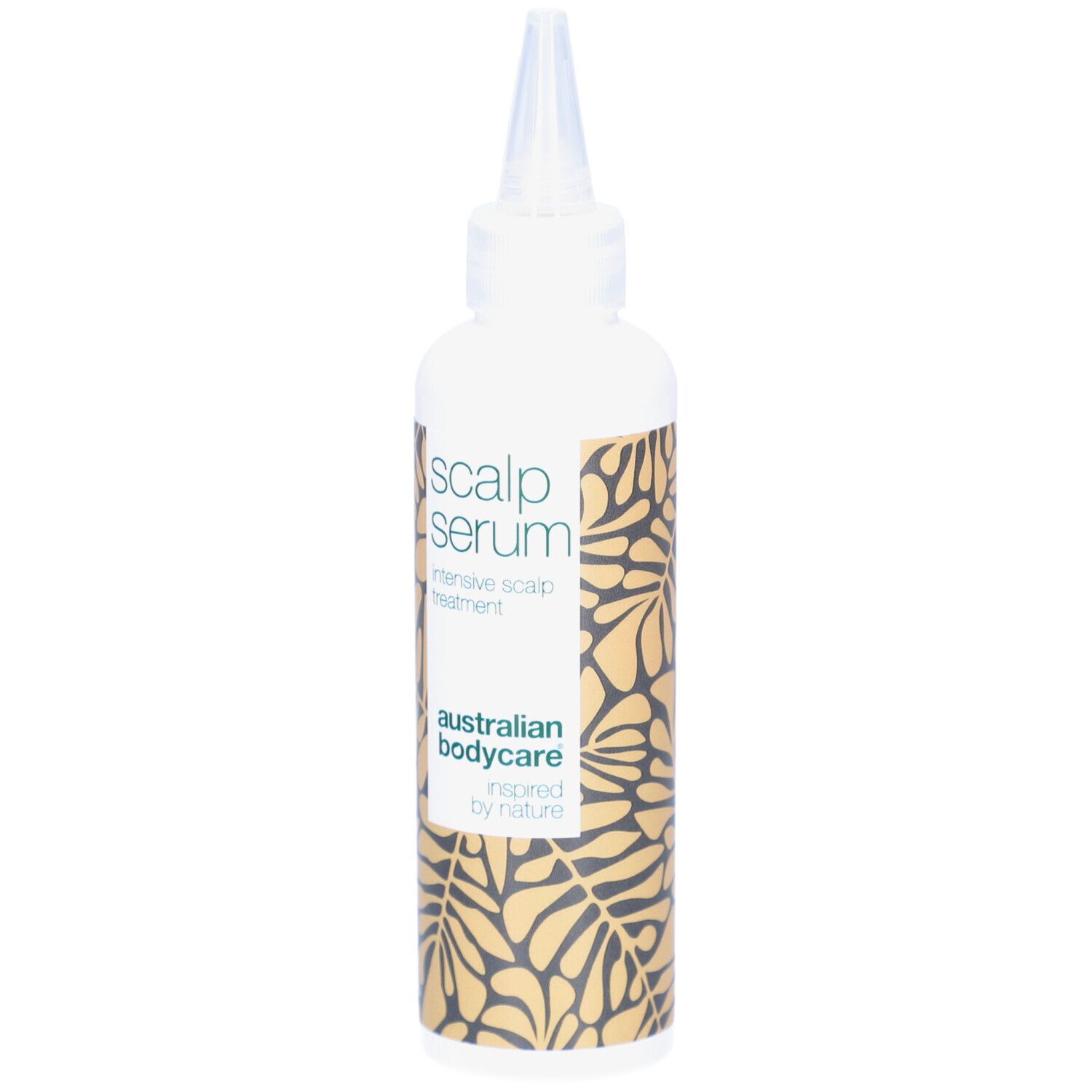 Flacon blanc avec applicateur. Inscription : Scalp Serum, intensive scalp treatment. Marque : Australian Bodycare.