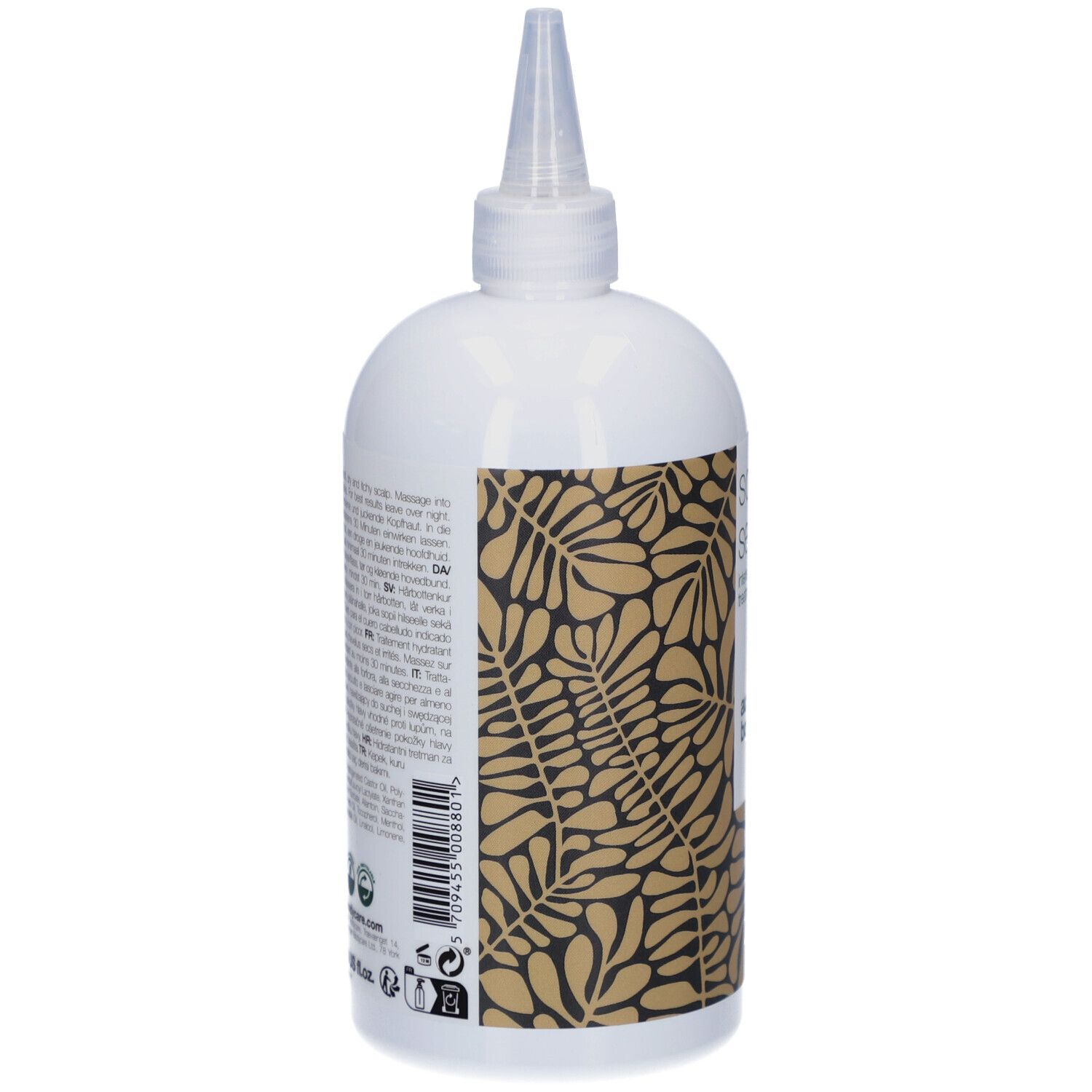 Dos du flacon de sérum. Blanc, avec impression et embout applicateur. Texte en plusieurs langues.