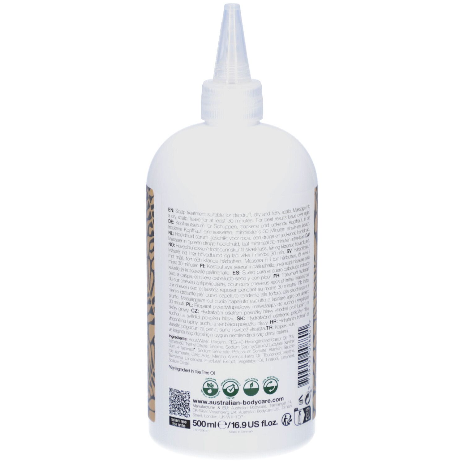 Dos du flacon de sérum. Blanc, avec impression et embout applicateur. Texte en plusieurs langues.