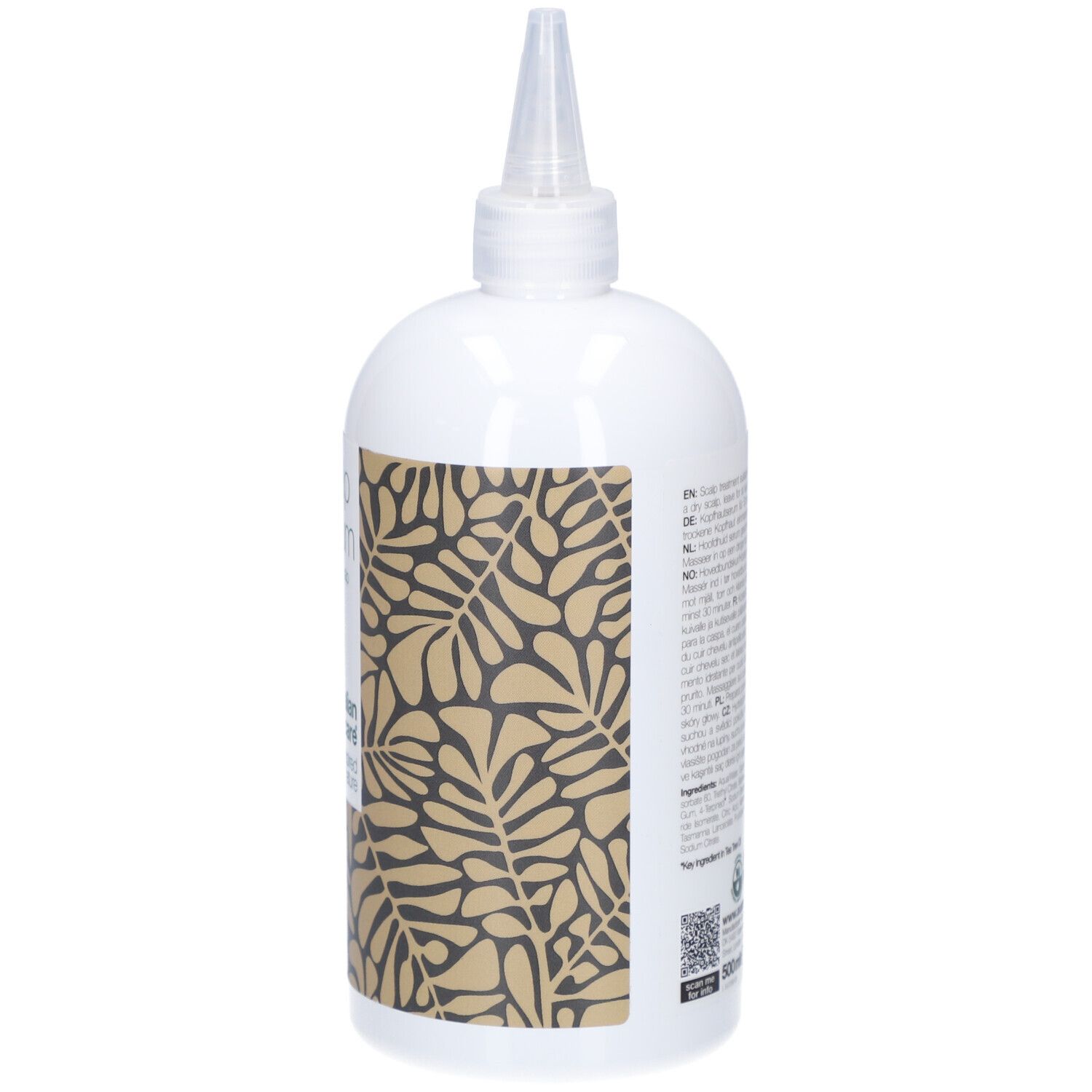 Dos du flacon de sérum. Blanc, avec impression et embout applicateur. Texte en plusieurs langues.