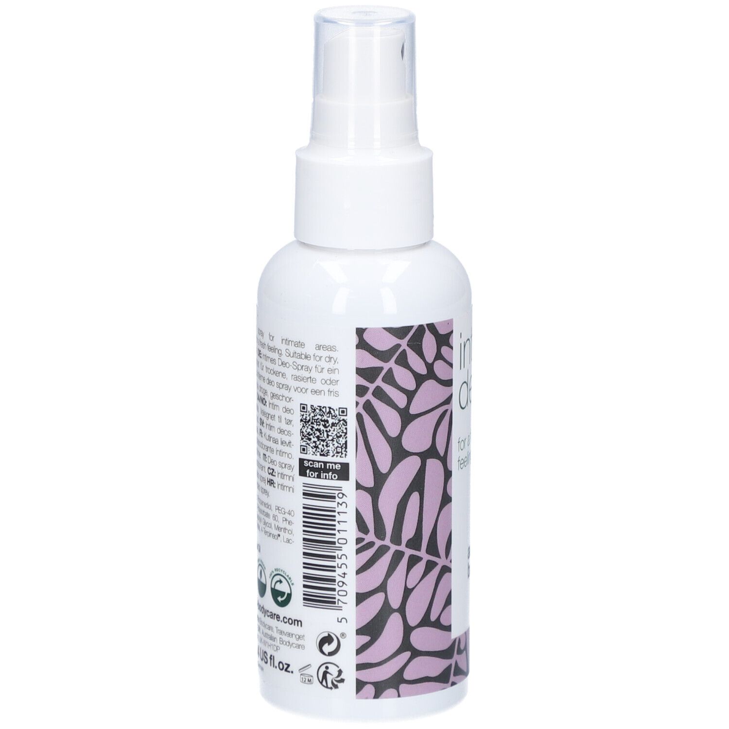 Rückseite der weißen Sprayflasche. Text und QR-Code. Marke Australian Bodycare.