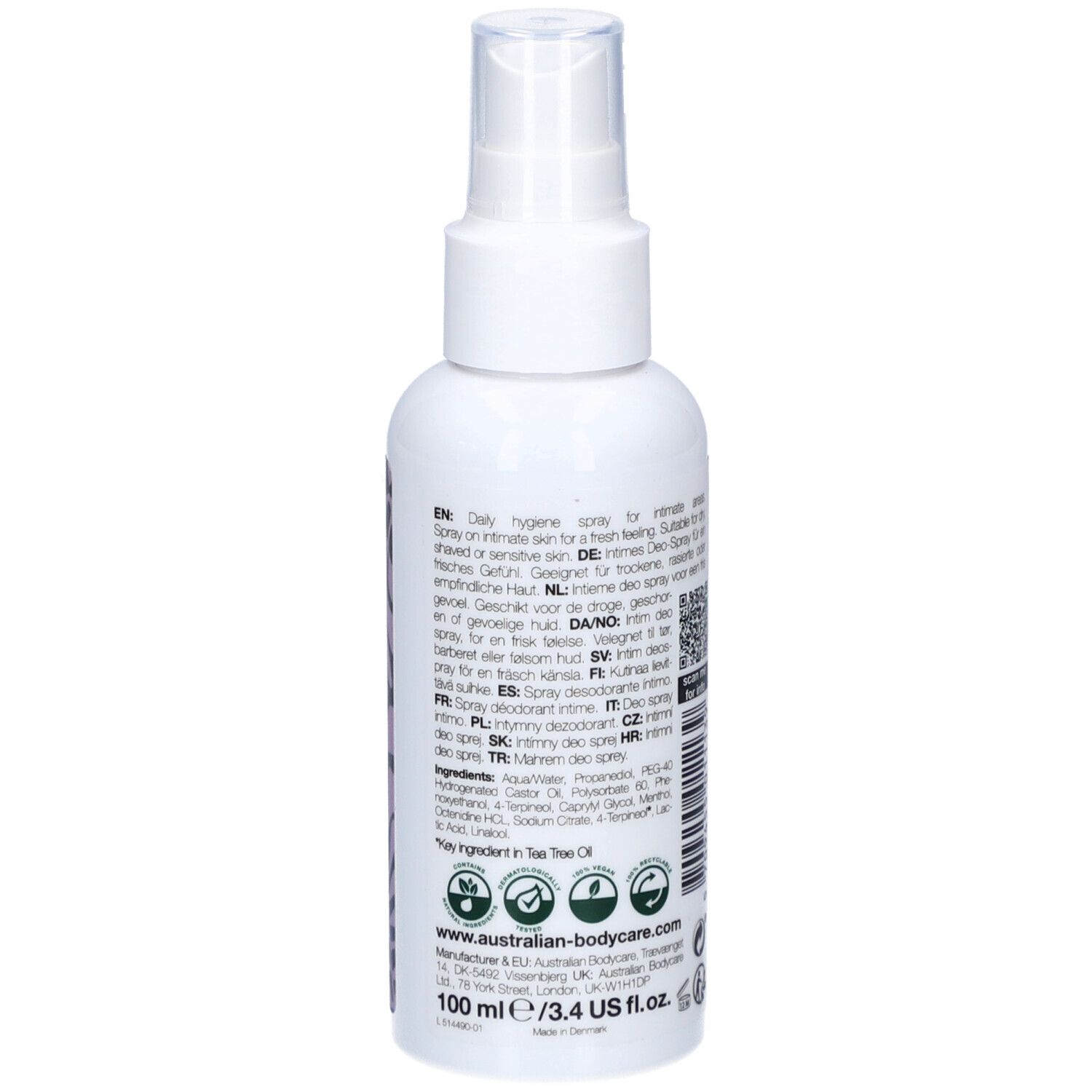 Rückseite der weißen Sprayflasche. Text in verschiedenen Sprachen. 100 ml.