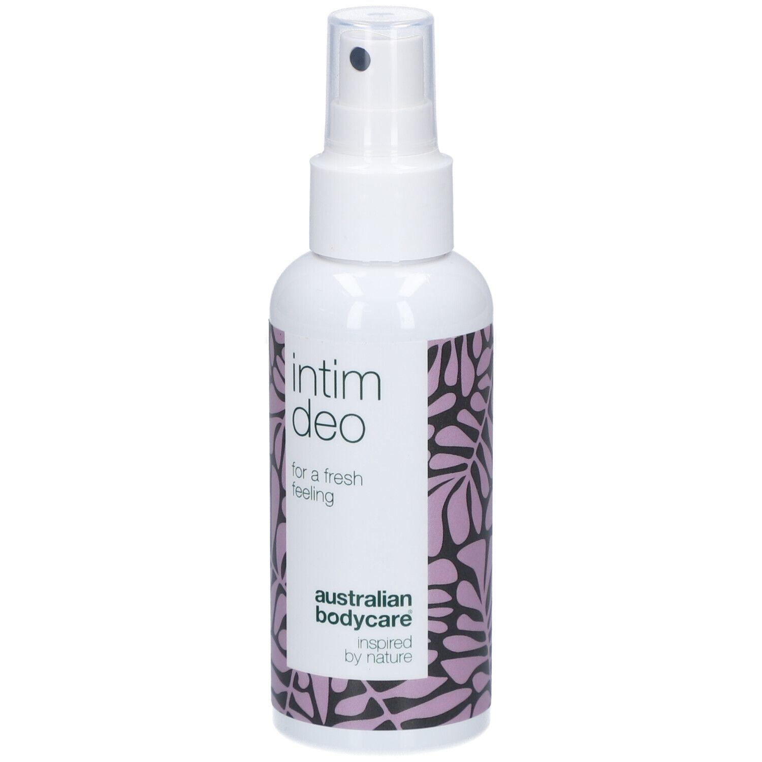 Weißes Spray mit Aufschrift Intim Deo. Floralmuster. Marke Australian Bodycare.