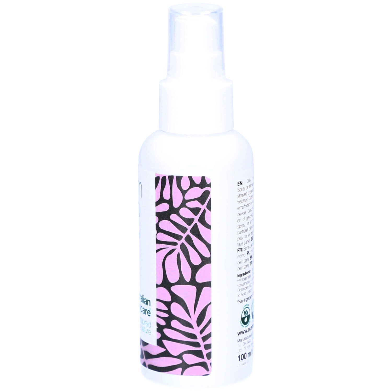 Rückseite der weißen Sprayflasche. Text und Floralmuster. 100 ml.