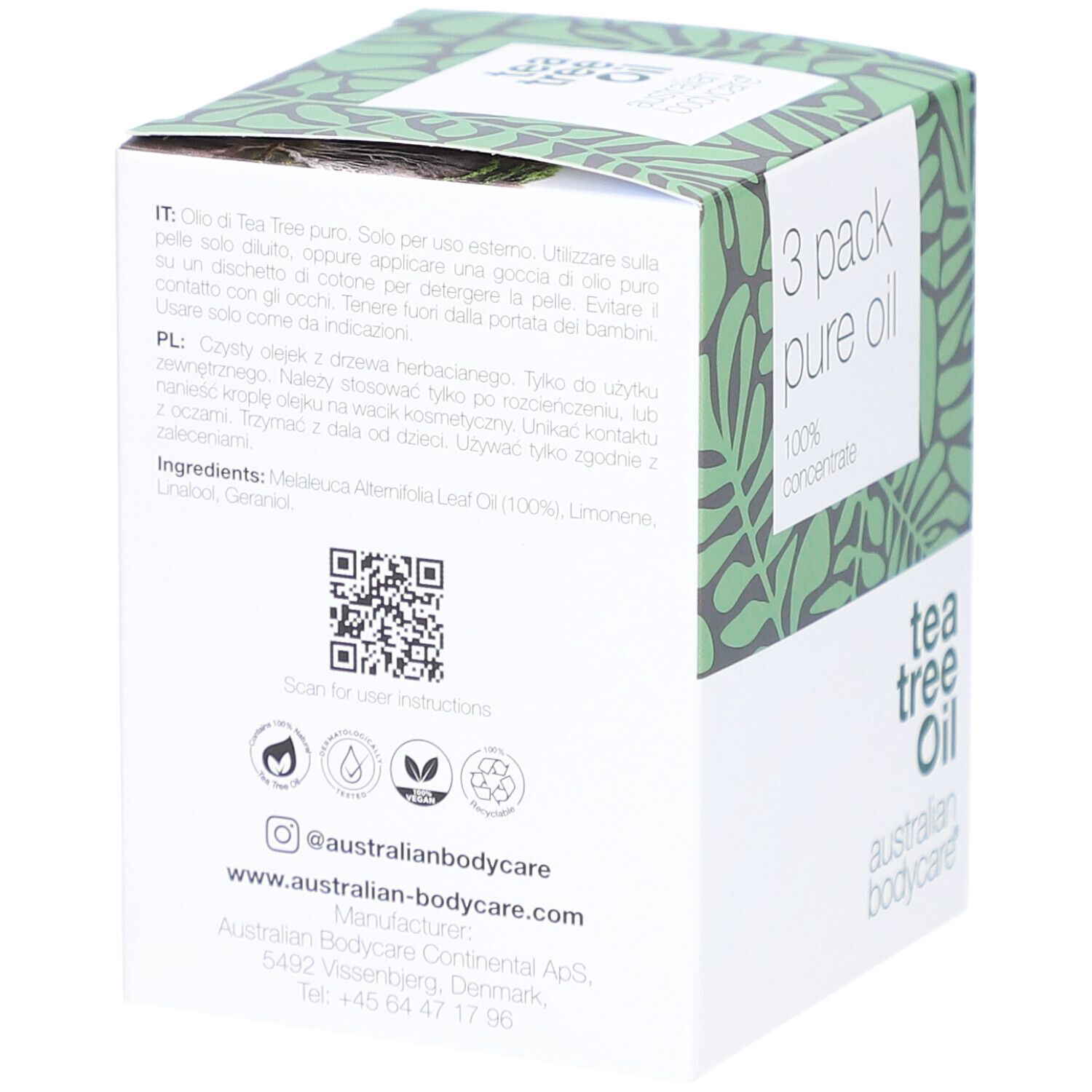 Dos de la boîte avec informations, code QR et coordonnées du produit.