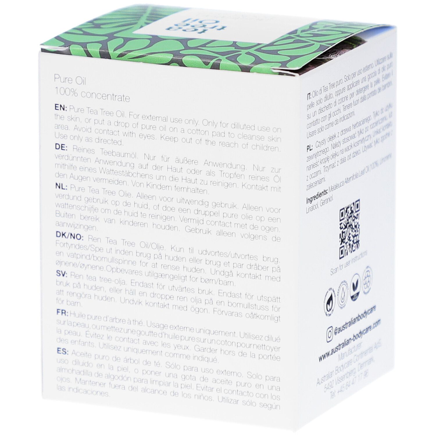 Boîte avec informations produit en plusieurs langues. Texte et logo.