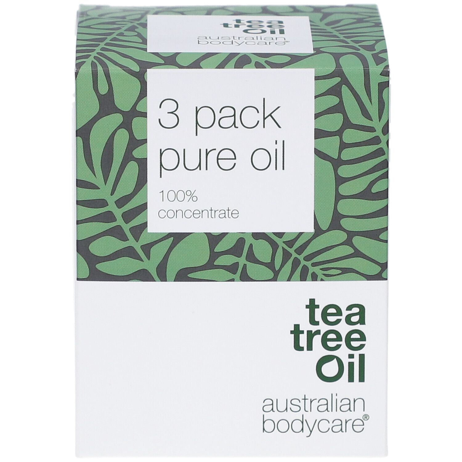 Boîte de 3 huiles de théier. Design vert et blanc avec informations et logo du produit.