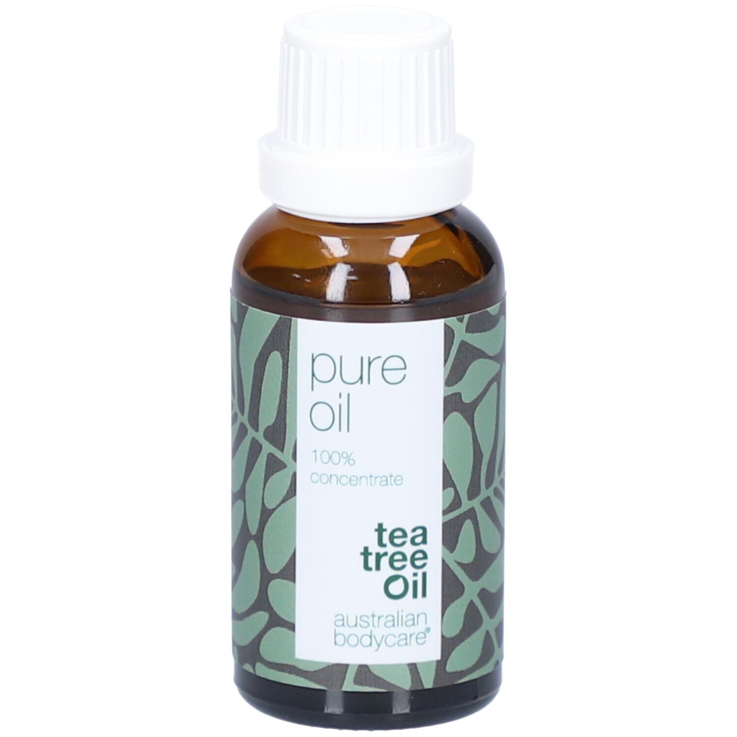Braune Glasflasche mit weißem Deckel. Etikett mit Text: pure oil, 100% concentrate, tea tree oil, australian bodycare.
