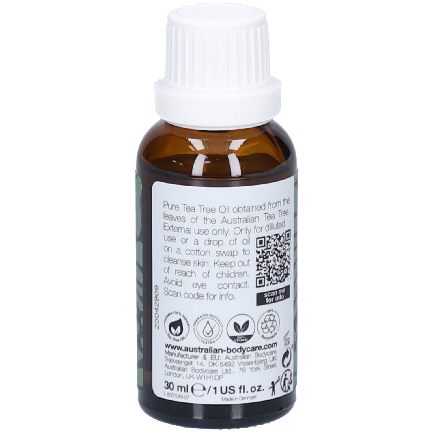 Braune Glasflasche mit weißem Deckel. Etikett mit Text und QR-Code. Text: 30 ml, 1 US fl.oz.