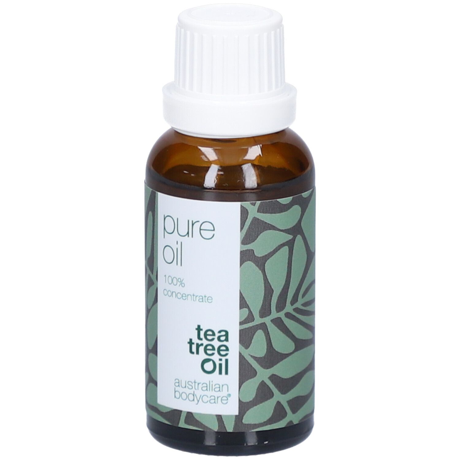 Braune Glasflasche mit weißem Deckel. Etikett mit Text: pure oil, 100% concentrate, tea tree oil, australian bodycare.
