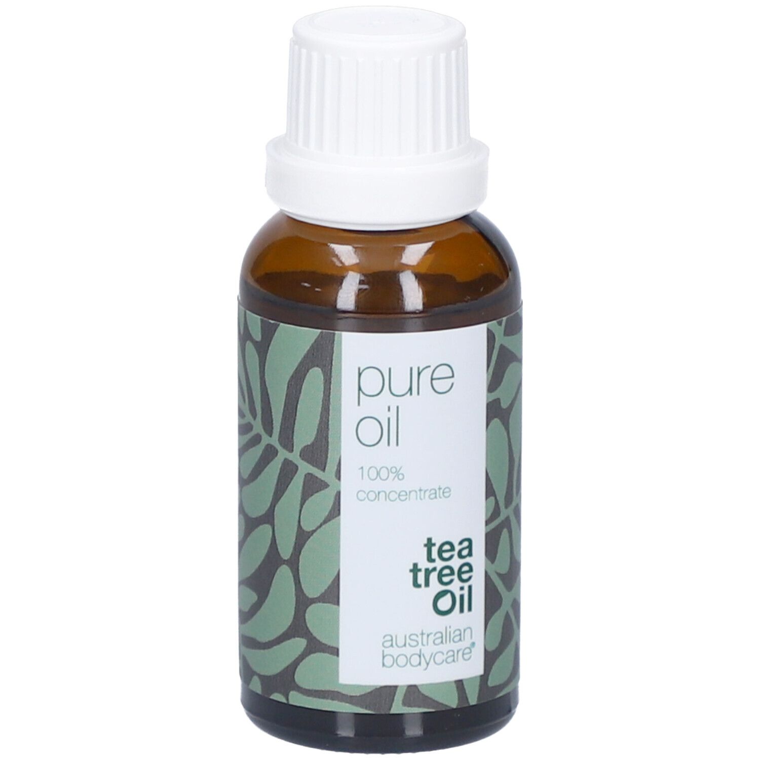 Braune Glasflasche mit weißem Deckel. Etikett mit Text: pure oil, 100% concentrate, tea tree oil, australian bodycare.